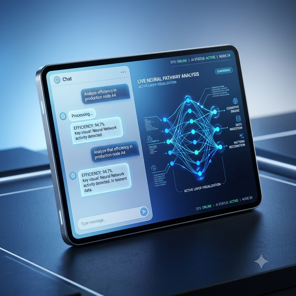 AI neural network analysis dashboard with chat interface on tablet