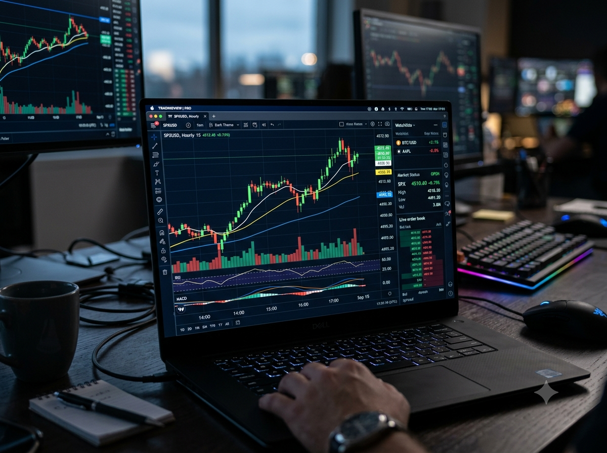 Trading desk with multiple screens showing candlestick charts