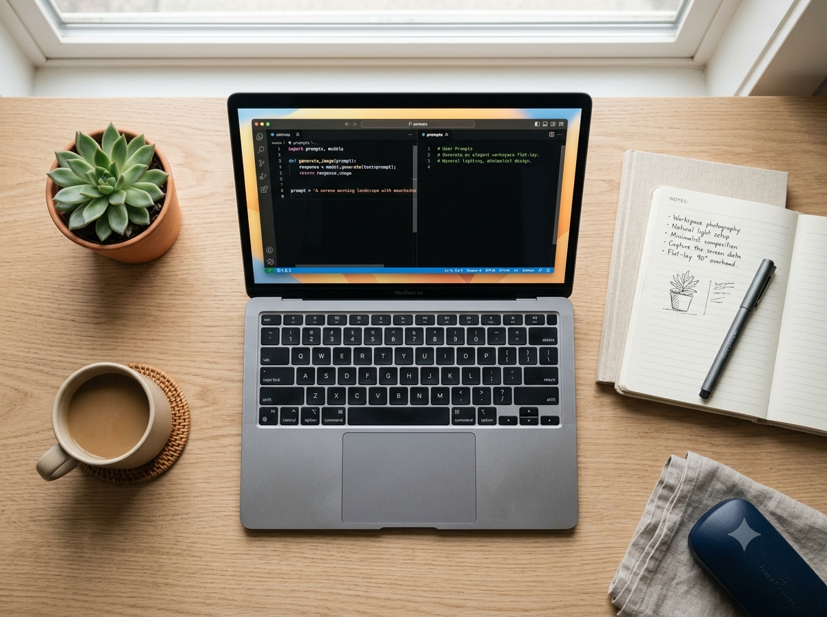 Laptop with AI prompt code on desk with coffee and notebook